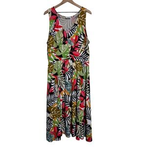 Leota Pucci Abstract Tropical Monstera Leaf Print Empire Waist Midi Dress 1X